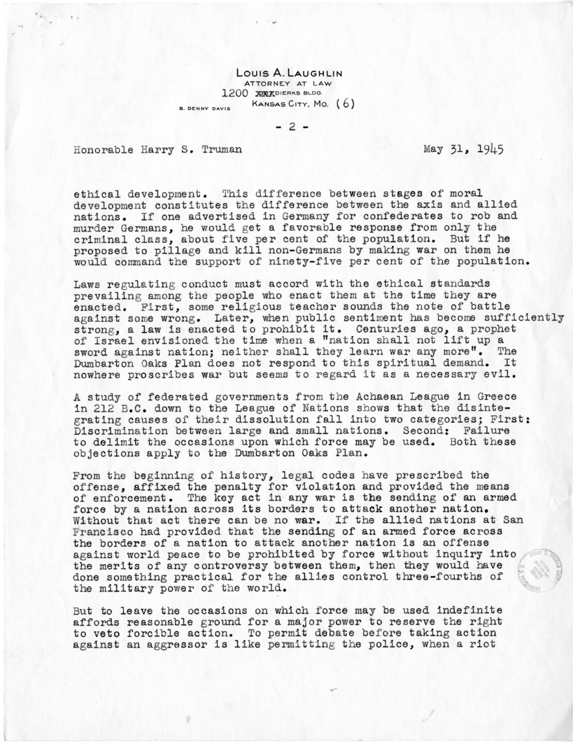 Letter from Louis A. Laughlin to President Harry S. Truman, with Reply From William D. Hassett