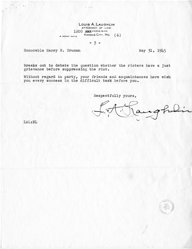 Letter from Louis A. Laughlin to President Harry S. Truman, with Reply From William D. Hassett