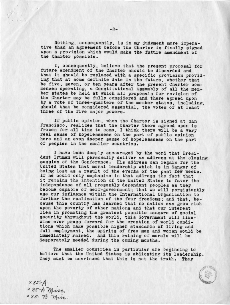 Correspondence Between President Harry S. Truman and Henry A. Wallace With Attached Letter From Sumner Welles to Henry Wallace