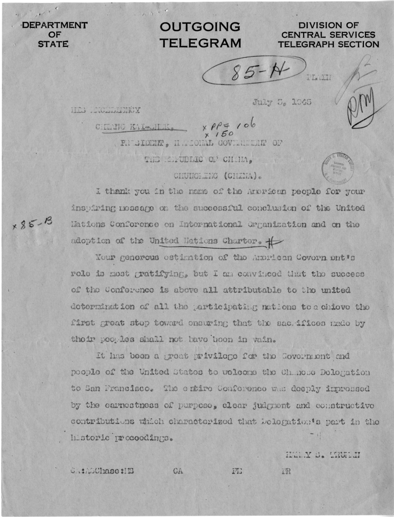 Correspondence Between Harry S. Truman and Chiang Kai-Shek, With Attached Internal Memos
