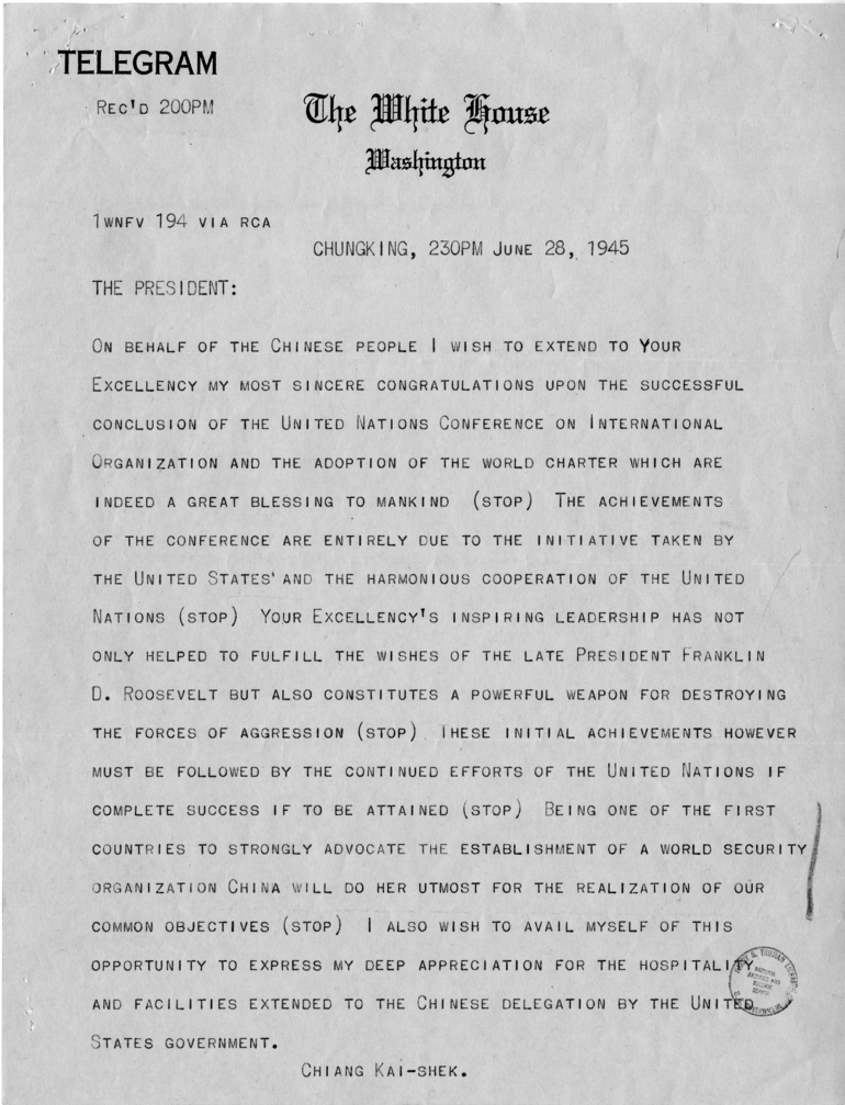 Correspondence Between Harry S. Truman and Chiang Kai-Shek, With Attached Internal Memos