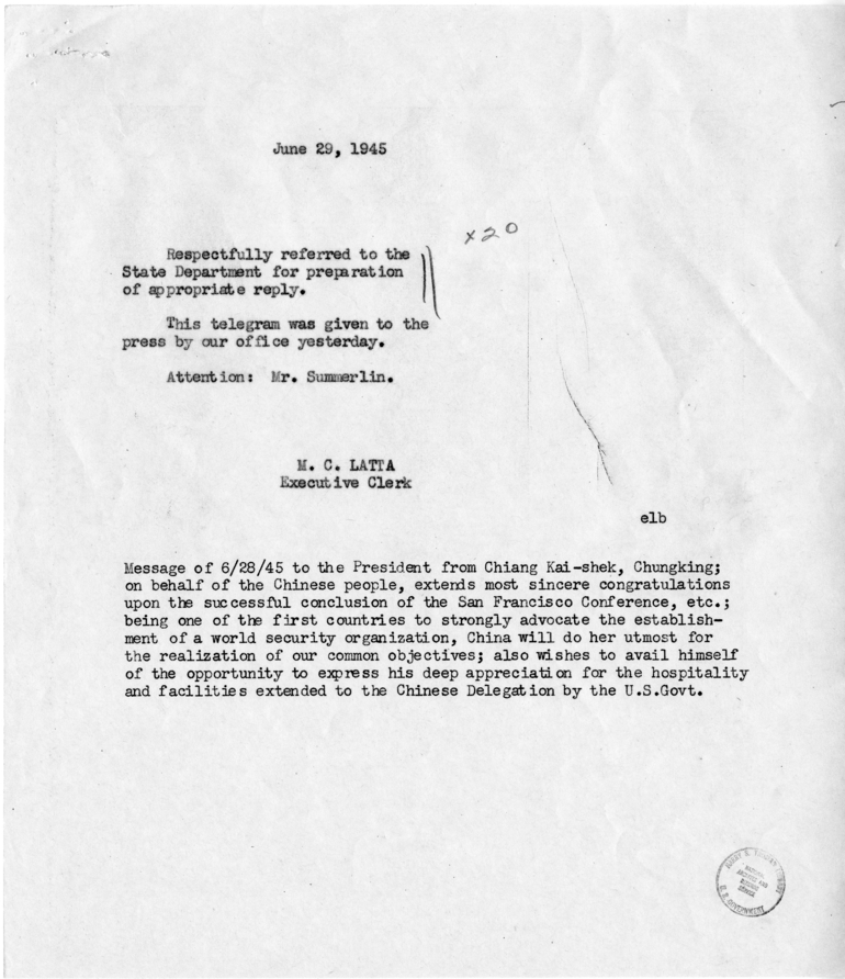 Correspondence Between Harry S. Truman and Chiang Kai-Shek, With Attached Internal Memos