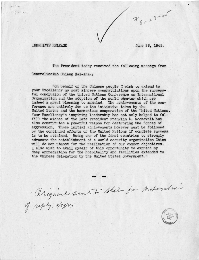 Correspondence Between Harry S. Truman and Chiang Kai-Shek, With Attached Internal Memos