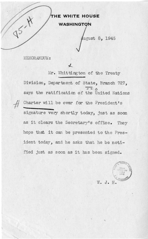 Draft Statement from President Harry S. Truman to the American Association For the United Nations, With Attached Internal Memos