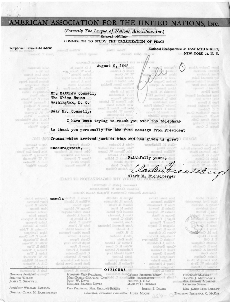 Draft Statement from President Harry S. Truman to the American Association For the United Nations, With Attached Internal Memos