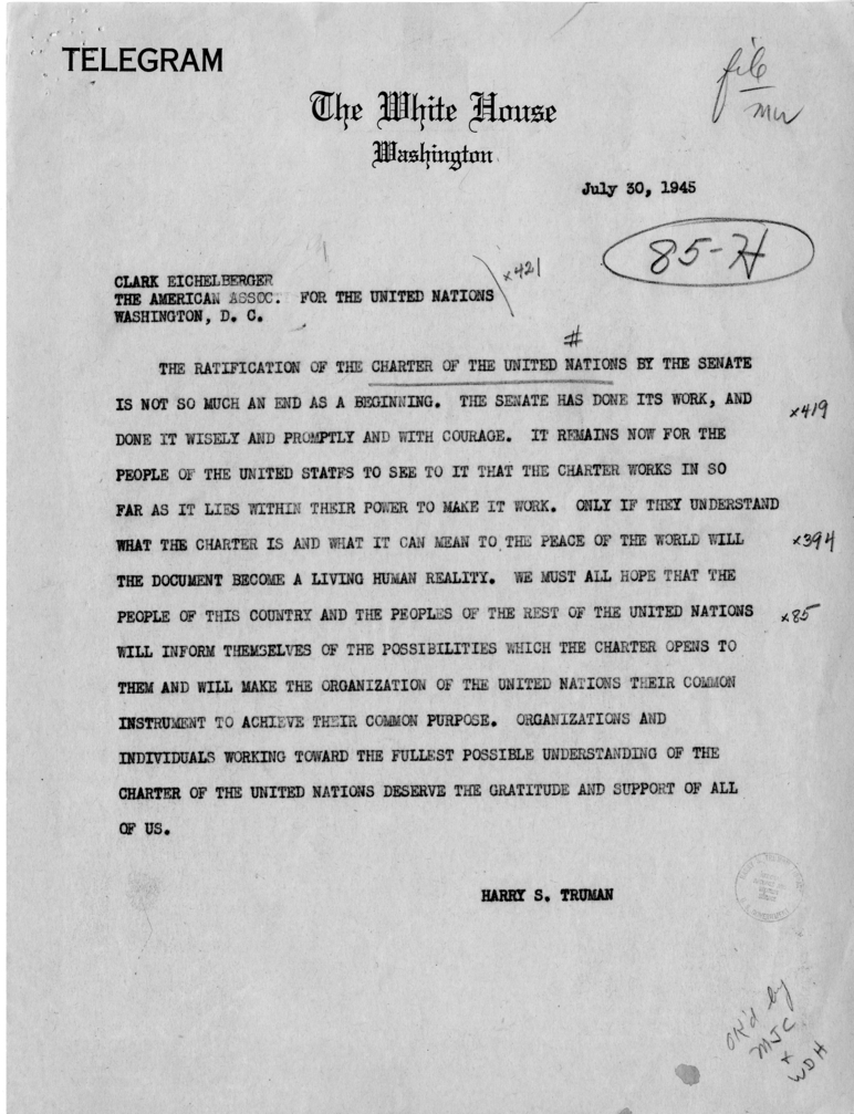 Draft Statement from President Harry S. Truman to the American Association For the United Nations, With Attached Internal Memos