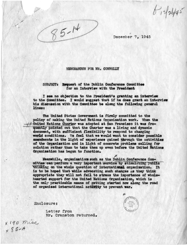 Memorandum for Matthew Connelly With Attachments