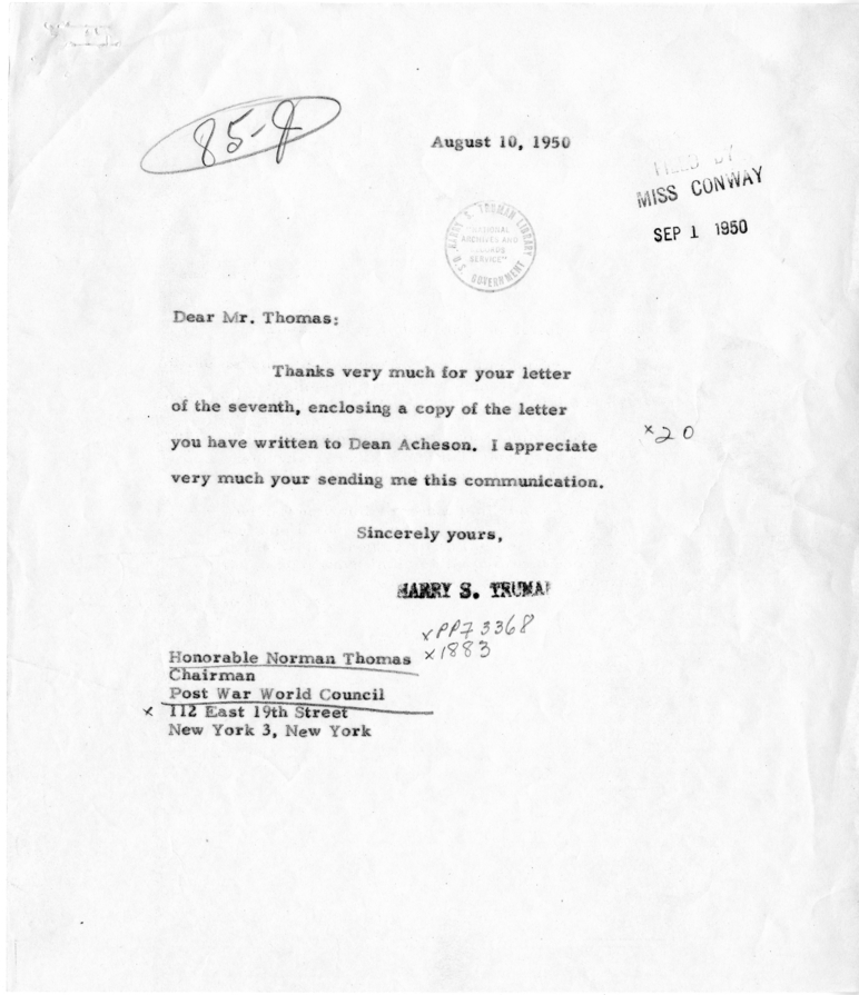 Correspondence Between Harry S. Truman and Norman Thomas, With Attachment