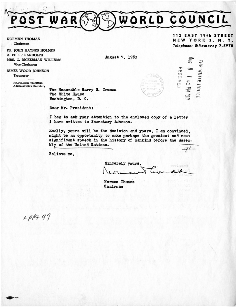 Correspondence Between Harry S. Truman and Norman Thomas, With Attachment