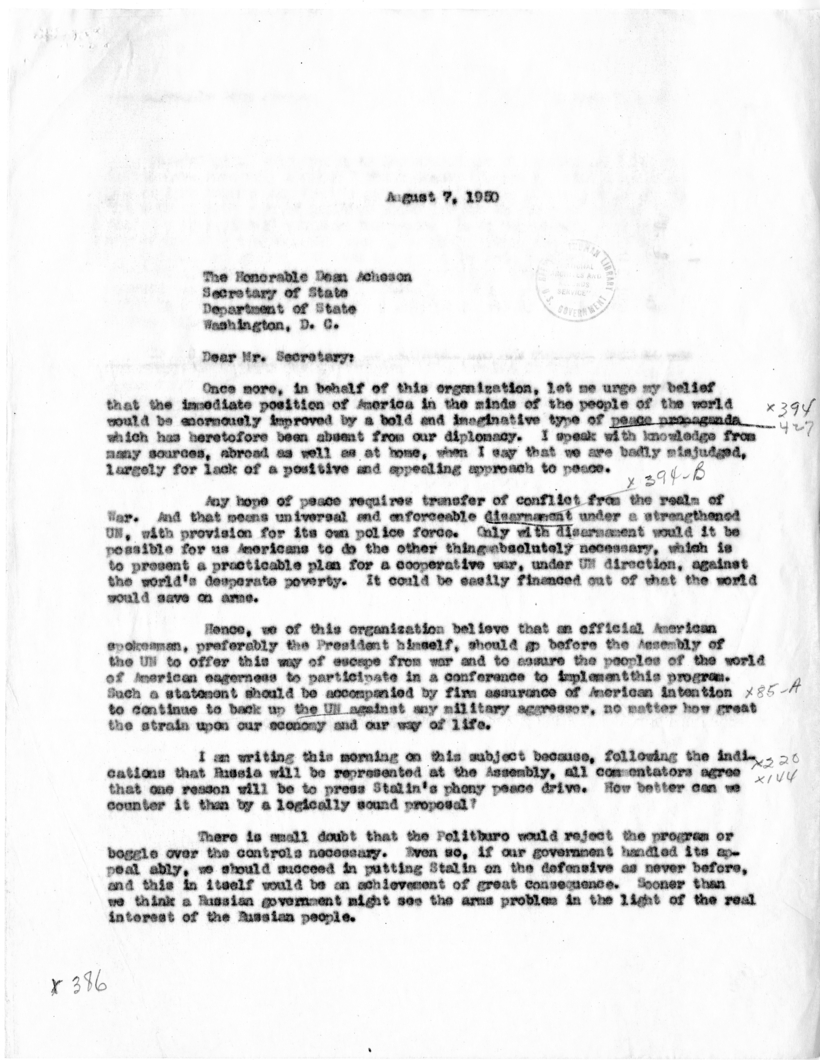 Correspondence Between Harry S. Truman and Norman Thomas, With Attachment