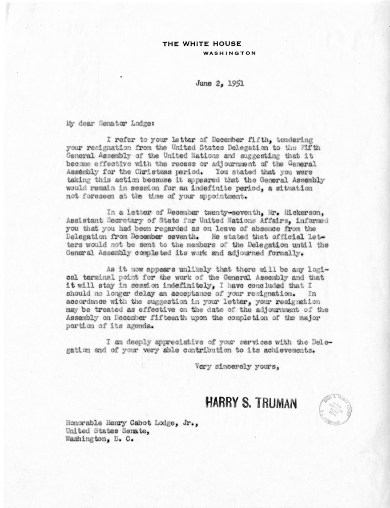Harry S. Truman to Henry Cabot Lodge, With Related Correspondence