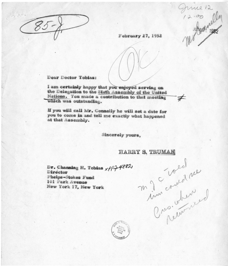 Correspondence Between Harry S. Truman and Channing H. Tobias, with Related Material