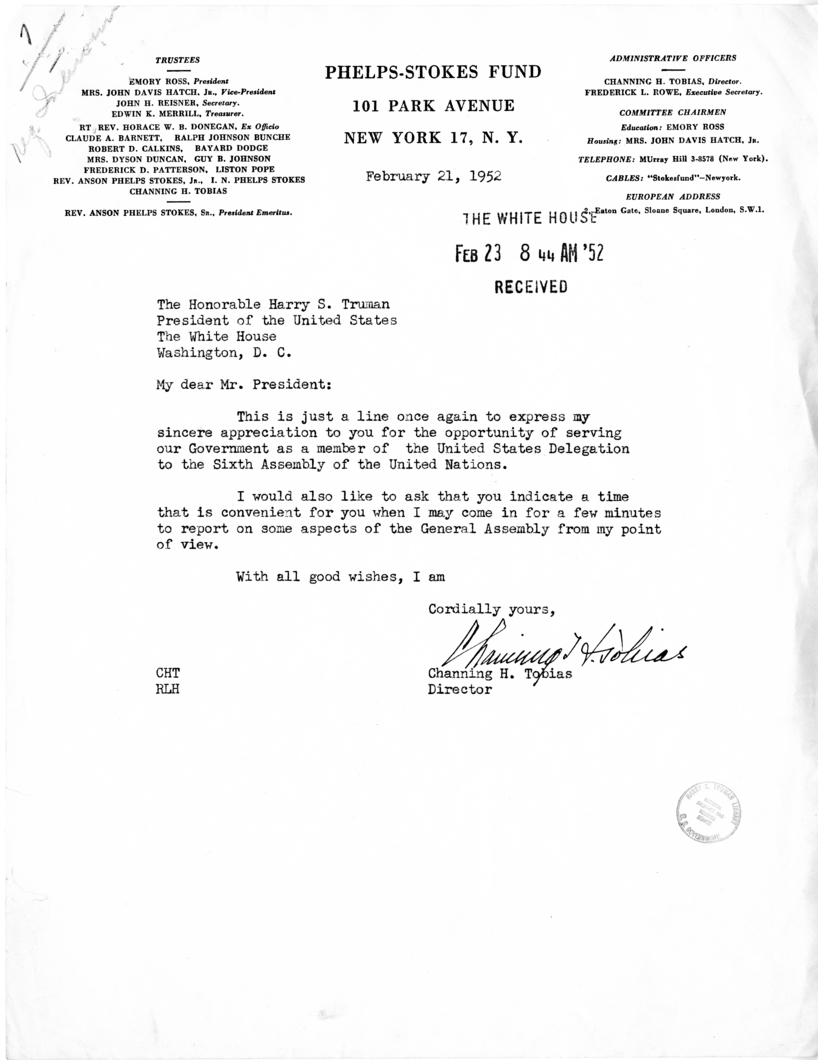 Correspondence Between Harry S. Truman and Channing H. Tobias, with Related Material