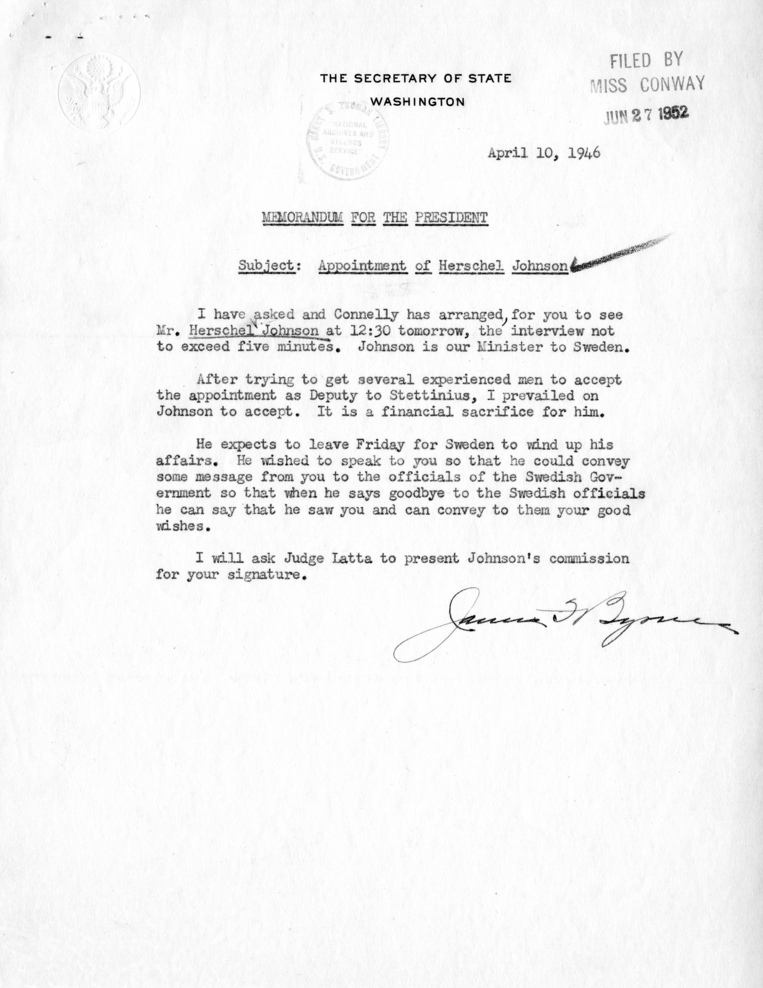 James F. Byrnes to Harry S. Truman, With Attachments