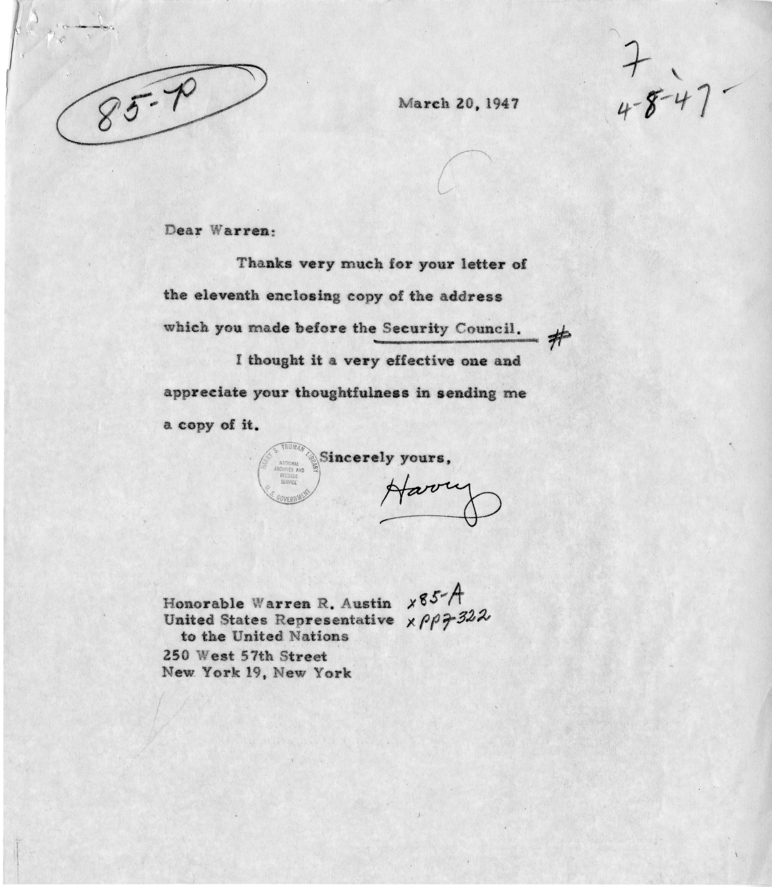 Correspondence Between Warren Austin and Harry S. Truman