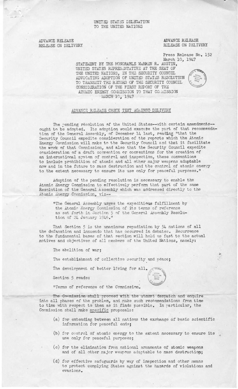 Correspondence Between Warren Austin and Harry S. Truman