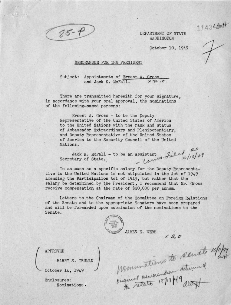 Memorandum, James E. Webb to Harry S. Truman, With Related Material