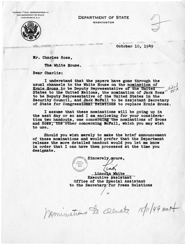 Memorandum, James E. Webb to Harry S. Truman, With Related Material