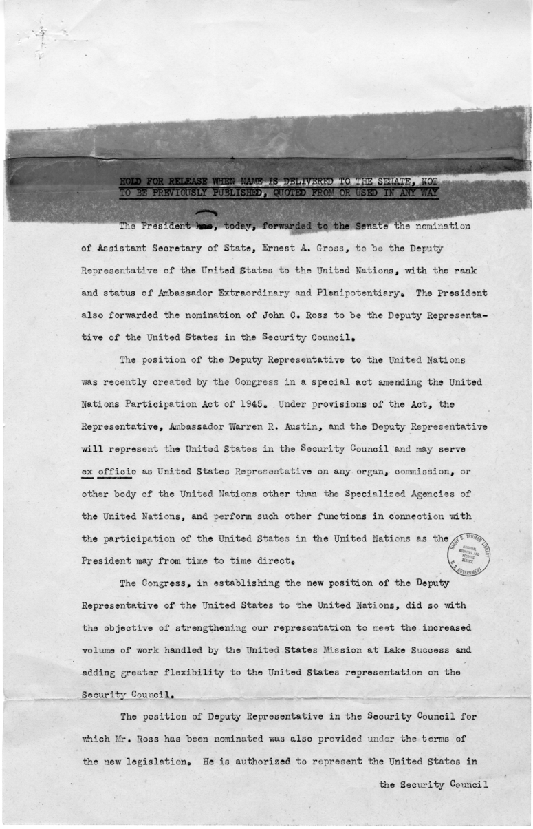Memorandum, James E. Webb to Harry S. Truman, With Related Material