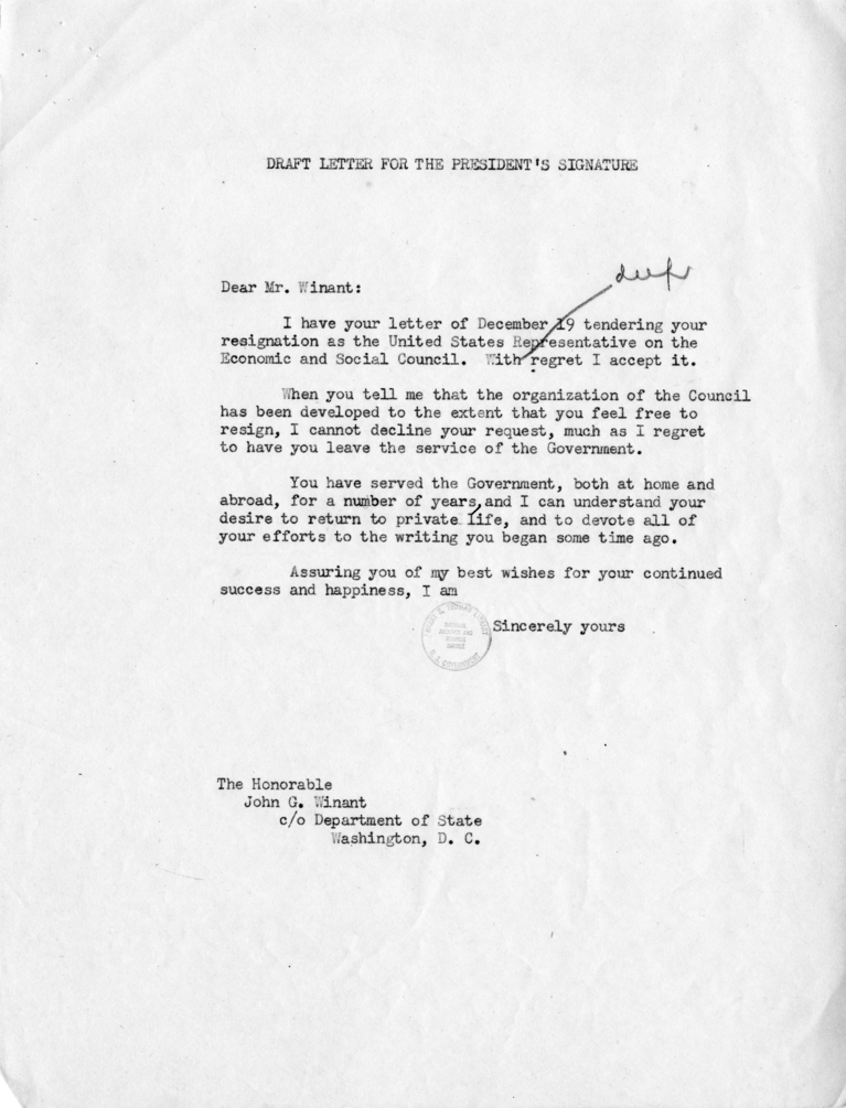 Harry S. Truman to John G. Winant With Related Correspondence