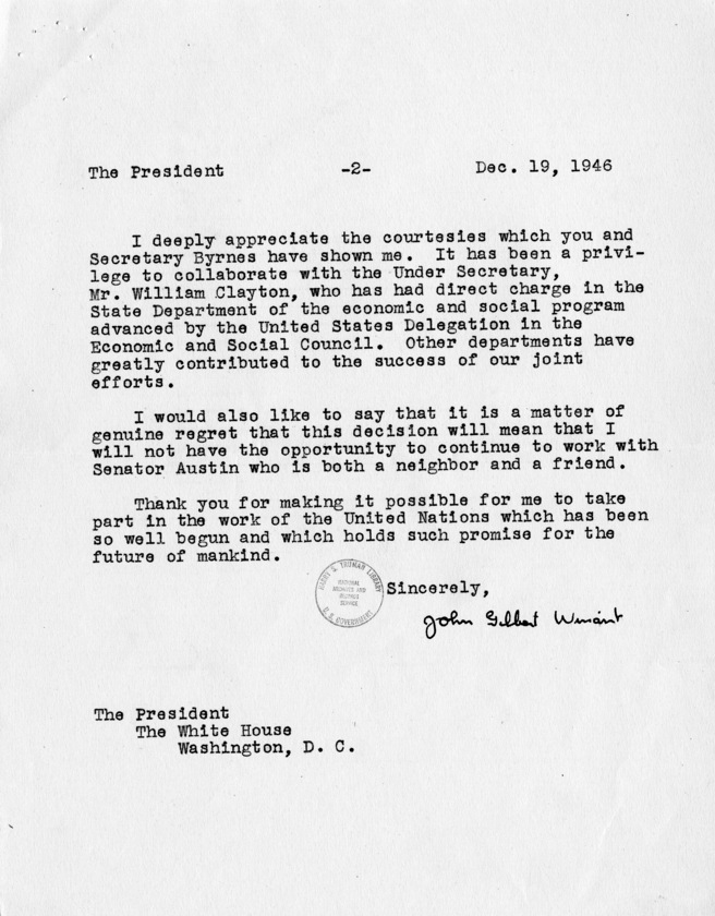 Harry S. Truman to John G. Winant With Related Correspondence