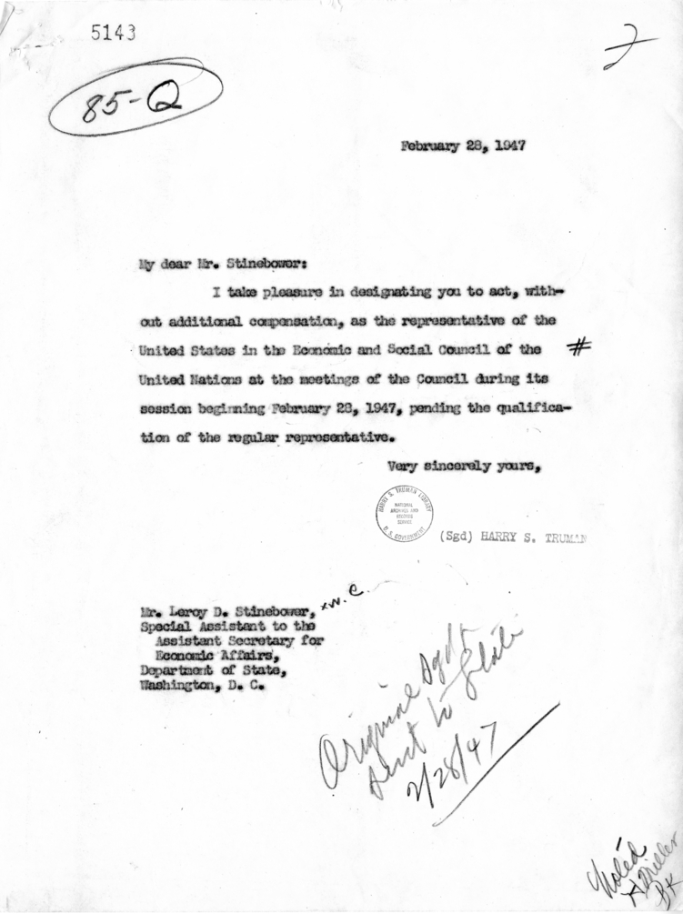 Harry S. Truman to Leroy Stinebower With Related Correspondence
