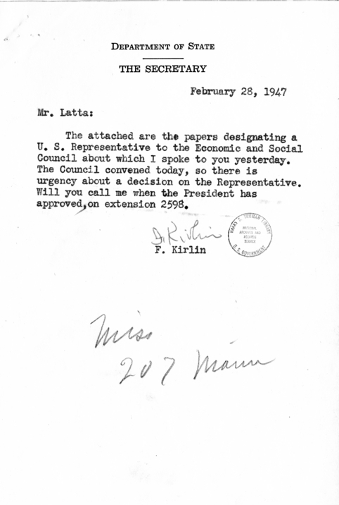 Harry S. Truman to Leroy Stinebower With Related Correspondence