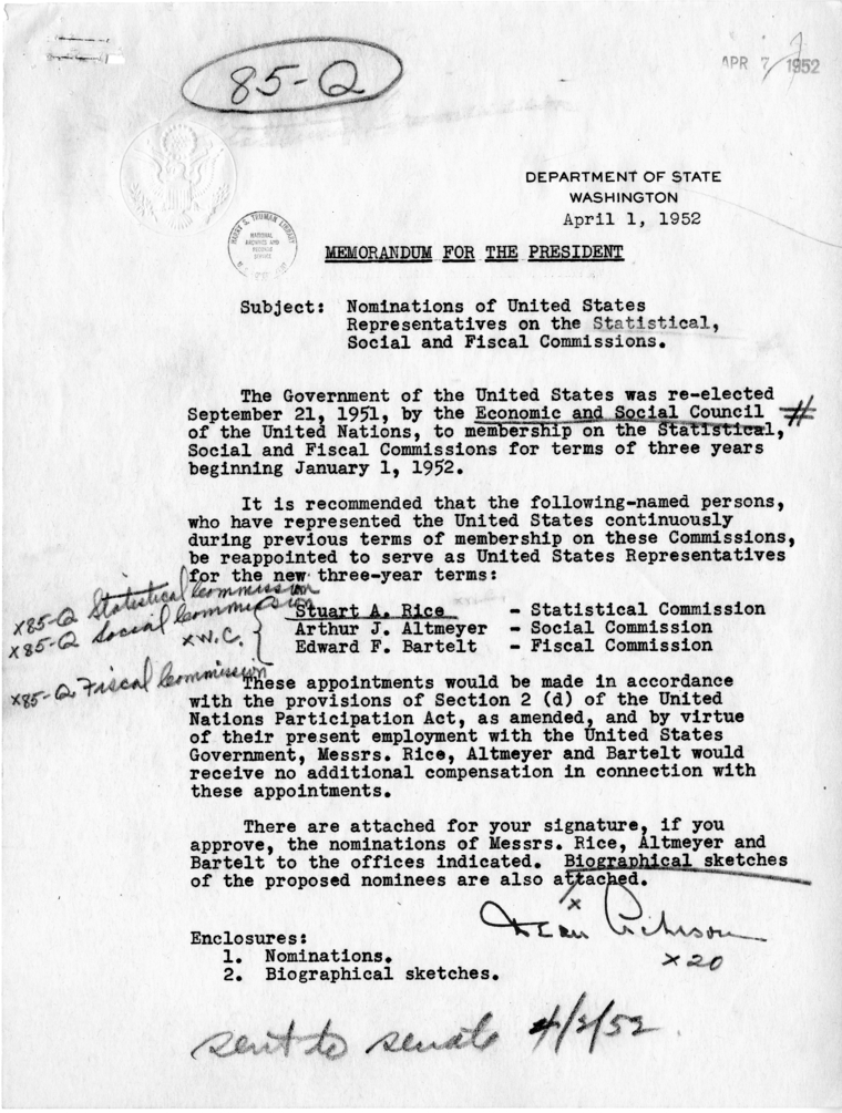 Memorandum from Secretary of State Dean Acheson to President Harry S. Truman, With Attachments