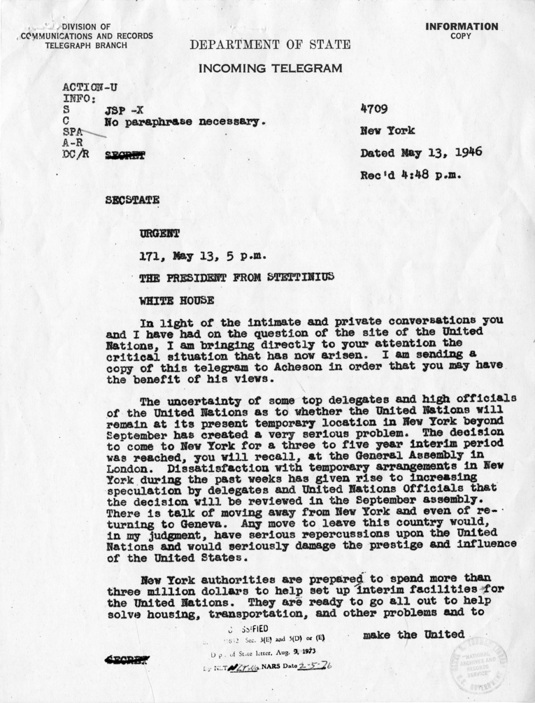 Correspondence Between Harry S. Truman and Edward R. Stettinius, Jr. With Related Material