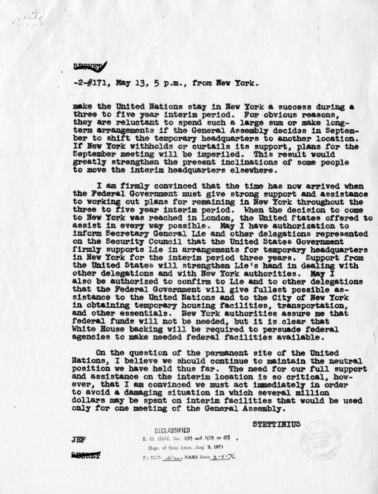 Correspondence Between Harry S. Truman and Edward R. Stettinius, Jr. With Related Material