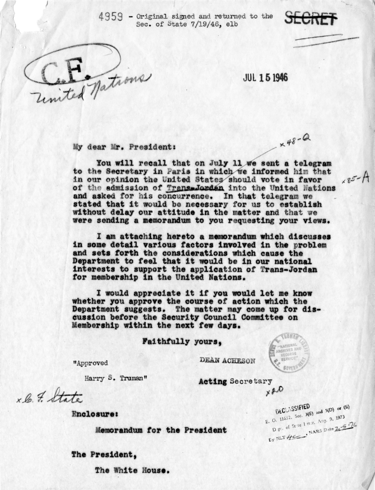 Dean Acheson to Harry S. Truman with Attached Memorandum