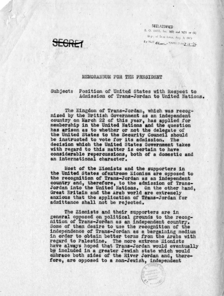 Dean Acheson to Harry S. Truman with Attached Memorandum