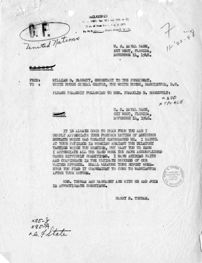 Correspondence Between President Harry S. Truman and Eleanor Roosevelt