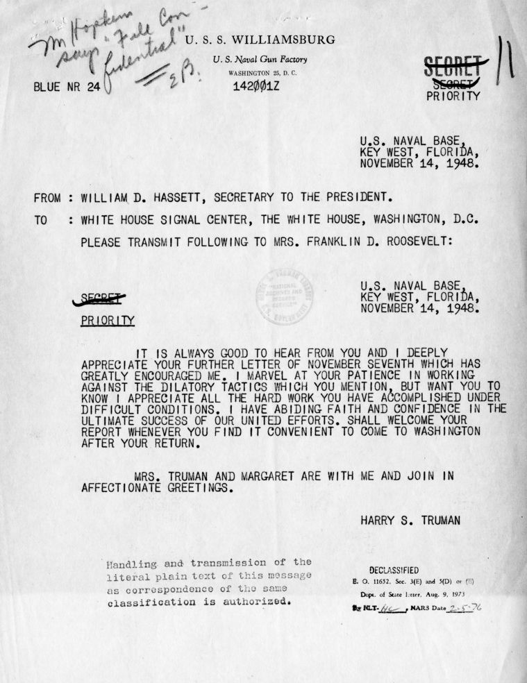 Correspondence Between President Harry S. Truman and Eleanor Roosevelt