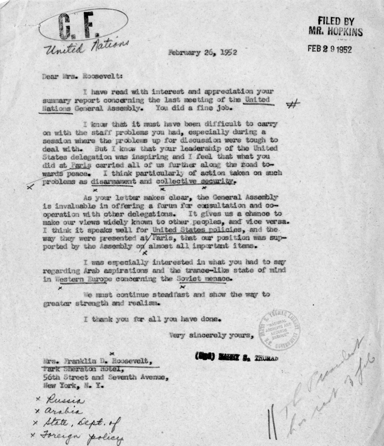 Letter from President Harry S. Truman to Eleanor Roosevelt with Attached Memorandum