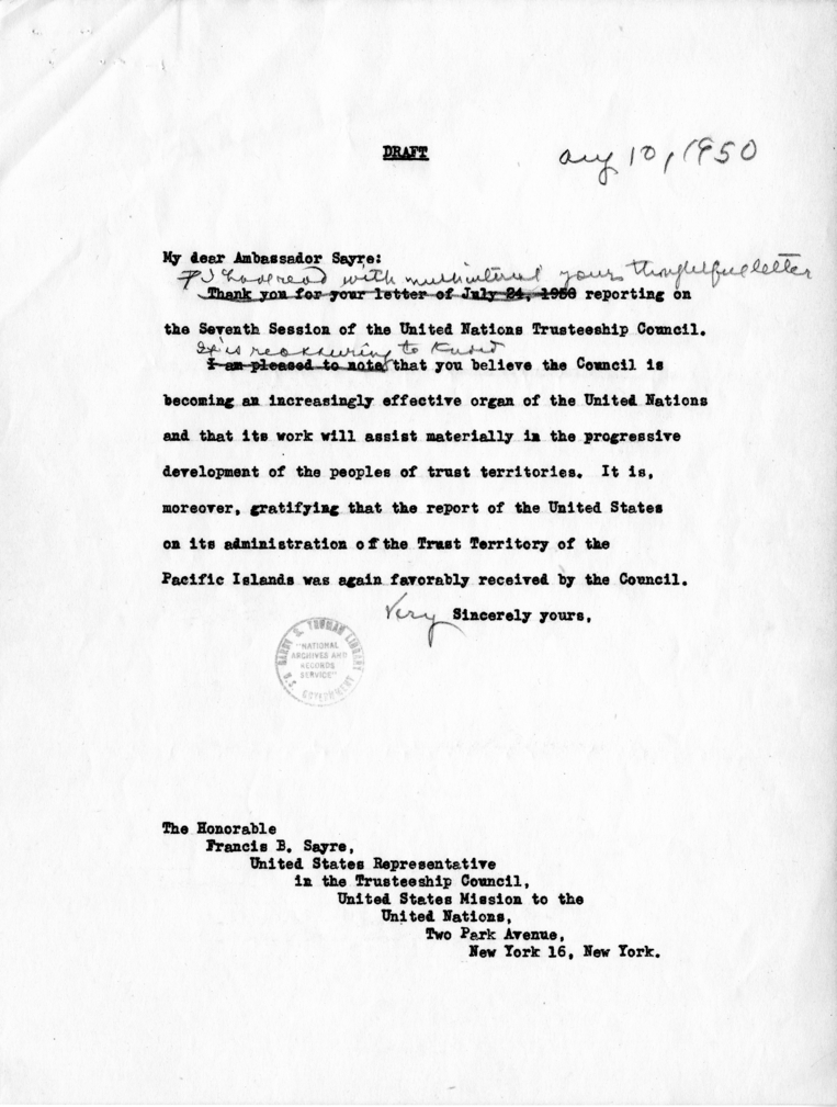 Correspondence Between Harry S. Truman and Francis B. Sayre, With Related Material