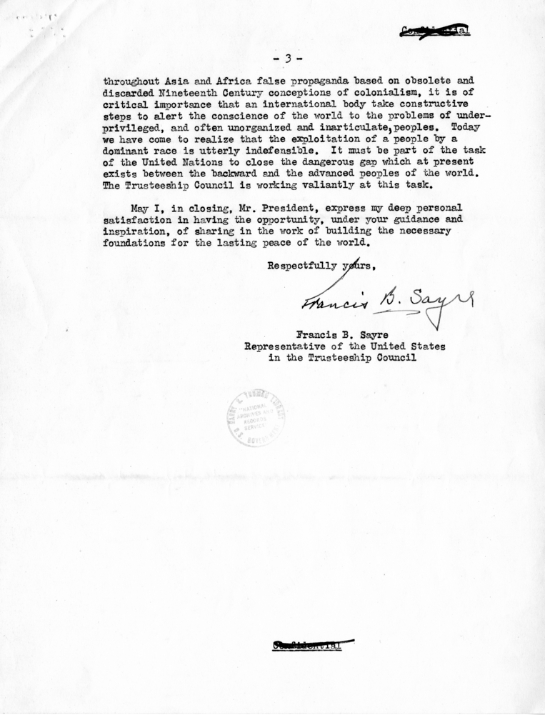 Correspondence Between Harry S. Truman and Francis B. Sayre, With Related Material