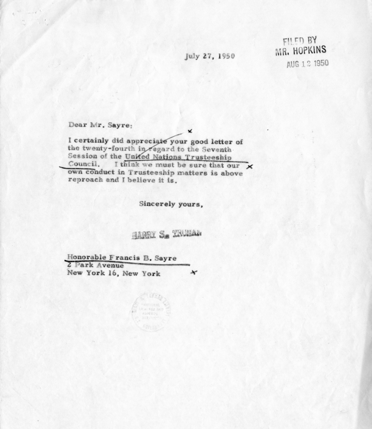 Correspondence Between Harry S. Truman and Francis B. Sayre, With Related Material