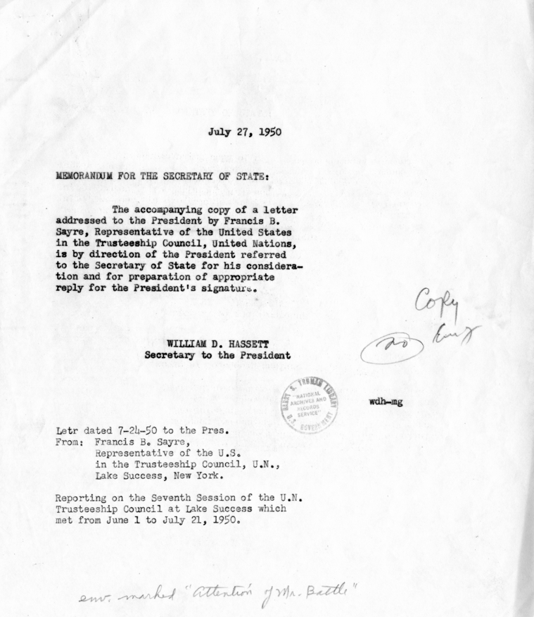 Correspondence Between Harry S. Truman and Francis B. Sayre, With Related Material