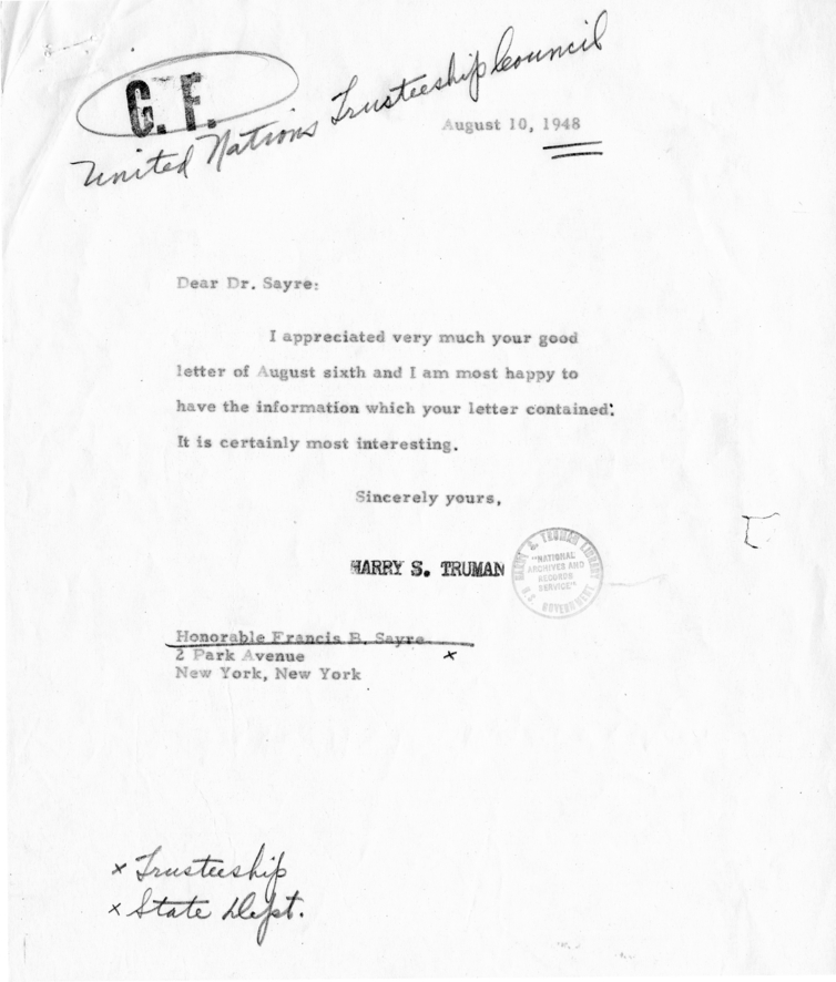 Correspondence Between Harry S. Truman and Francis B. Sayre