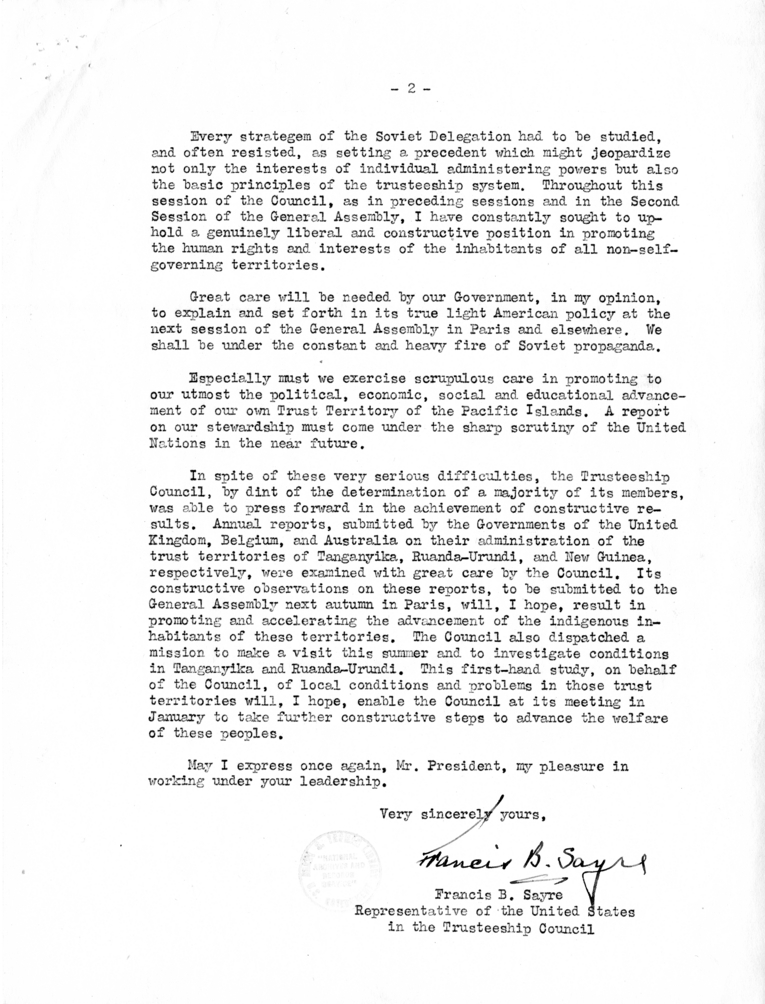 Correspondence Between Harry S. Truman and Francis B. Sayre