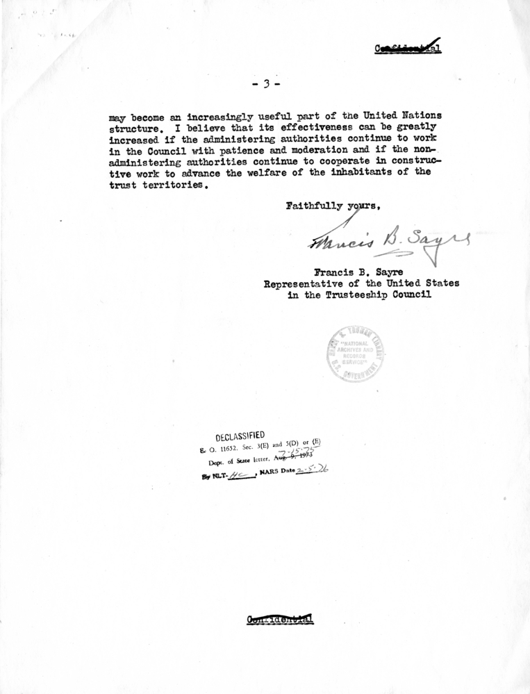 Harry S. Truman to Francis B. Sayre With Related Correspondence