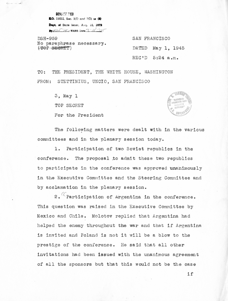 Memorandum from Secretary of State Edward R. Stettinius to President Harry S. Truman