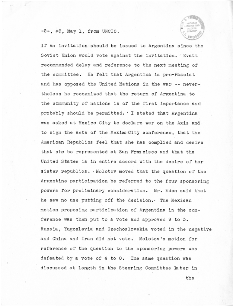 Memorandum from Secretary of State Edward R. Stettinius to President Harry S. Truman