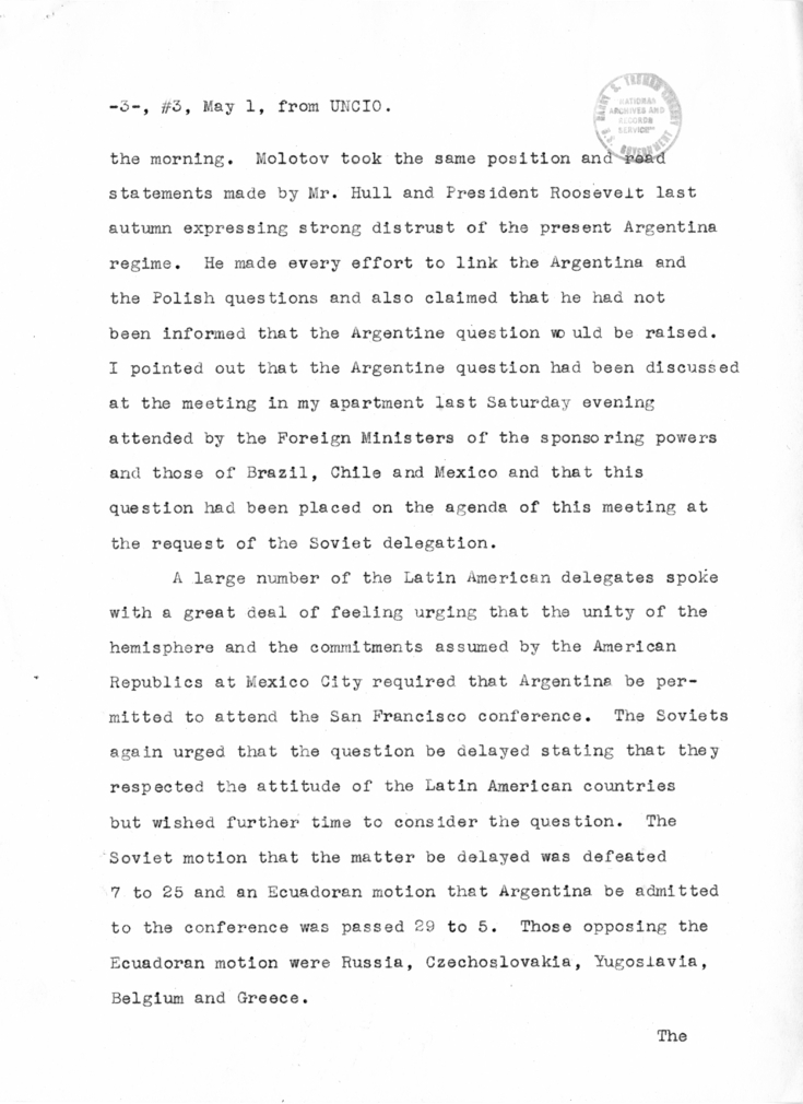 Memorandum from Secretary of State Edward R. Stettinius to President Harry S. Truman