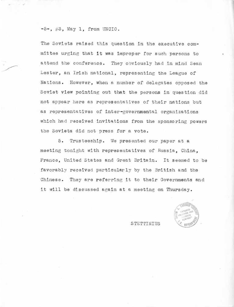 Memorandum from Secretary of State Edward R. Stettinius to President Harry S. Truman