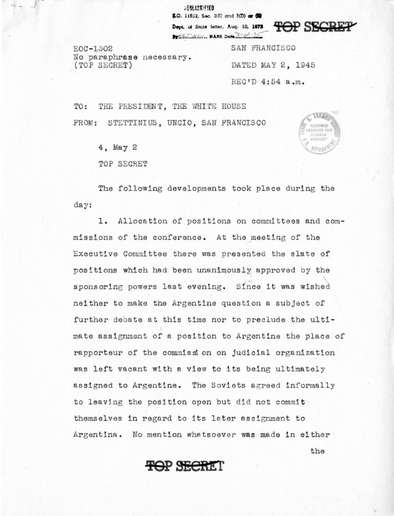 Memorandum from Secretary of State Edward R. Stettinius to President Harry S. Truman