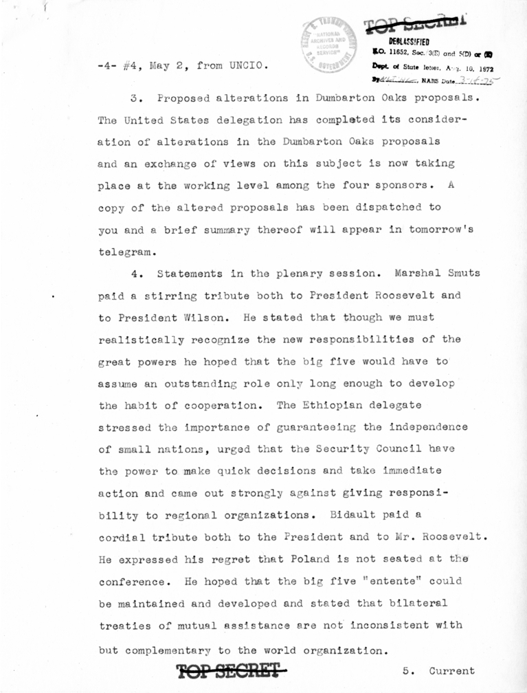 Memorandum from Secretary of State Edward R. Stettinius to President Harry S. Truman