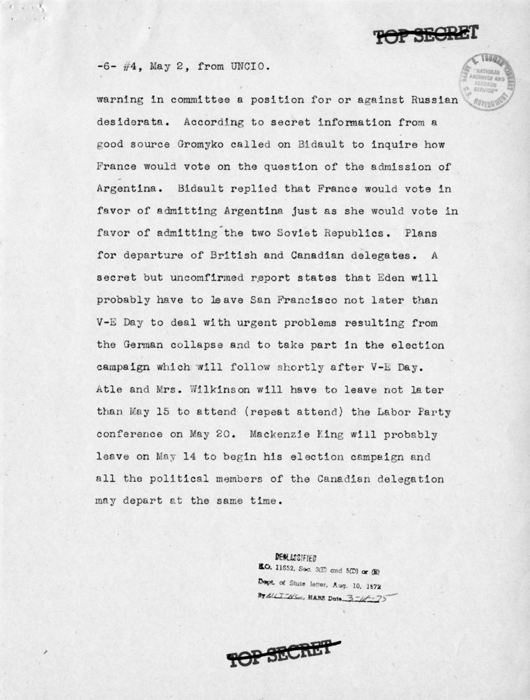 Memorandum from Secretary of State Edward R. Stettinius to President Harry S. Truman