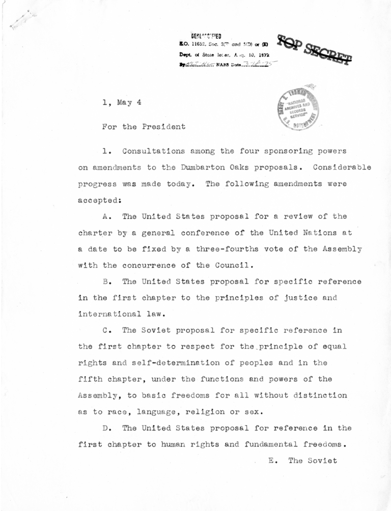 Memorandum from Secretary of State Edward R. Stettinius to President Harry S. Truman